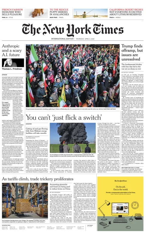 Portada de The New York Times (international) del jueves, 9 de abril de 2026