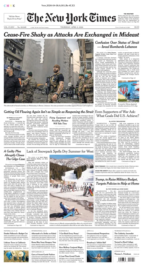 Portada de The New York Times (national) del jueves, 9 de abril de 2026