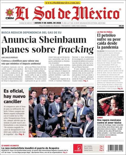 Portada de El Sol de Mexico del jueves, 9 de abril de 2026