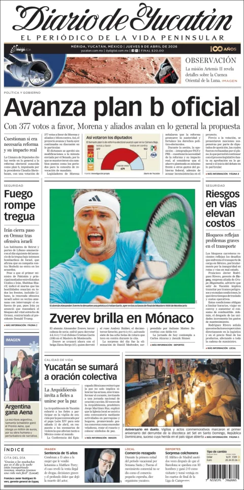Portada de Diario de Yucatán del jueves, 9 de abril de 2026