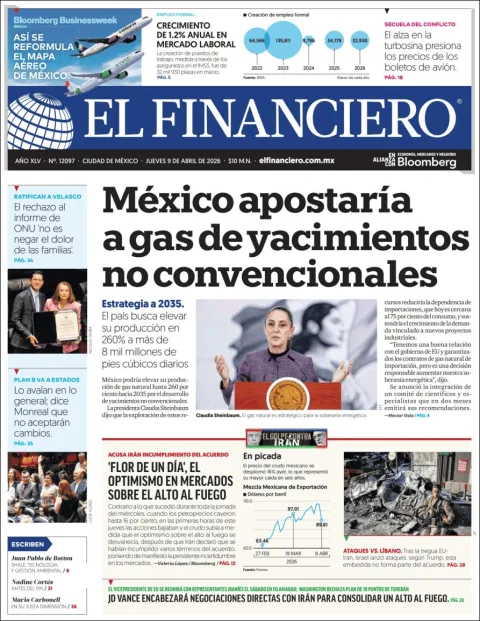 Portada de El Financiero del jueves, 9 de abril de 2026