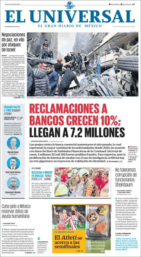 Portada de El Universal del jueves, 9 de abril de 2026