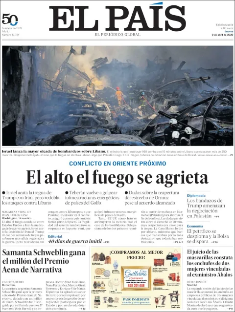 Portada de El Pais del jueves, 9 de abril de 2026