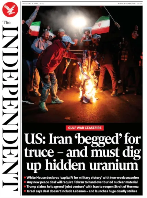 Portada de The Independent del jueves, 9 de abril de 2026