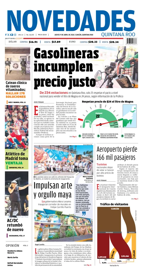 Portada de Novedades Quintana Roo del jueves, 9 de abril de 2026