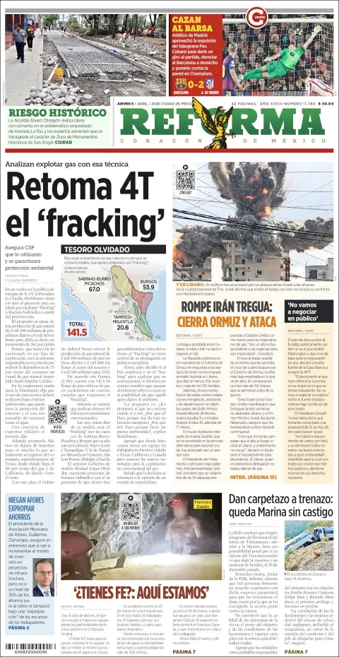 Portada de Reforma del jueves, 9 de abril de 2026