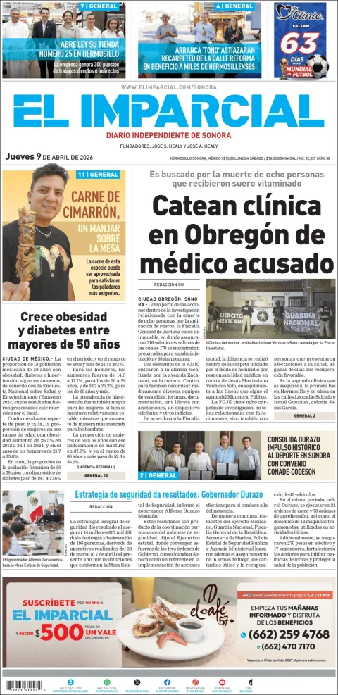 Portada de El Imparcial del jueves, 9 de abril de 2026