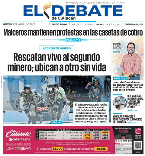 Portada de El Debate de Culiacan del jueves, 9 de abril de 2026
