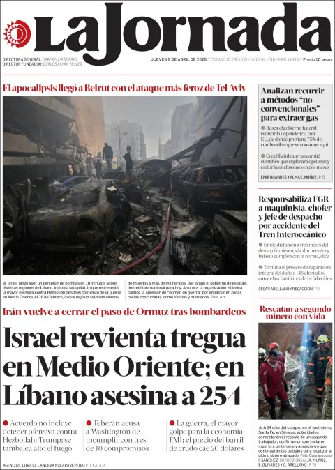 Portada de La Jornada del jueves, 9 de abril de 2026