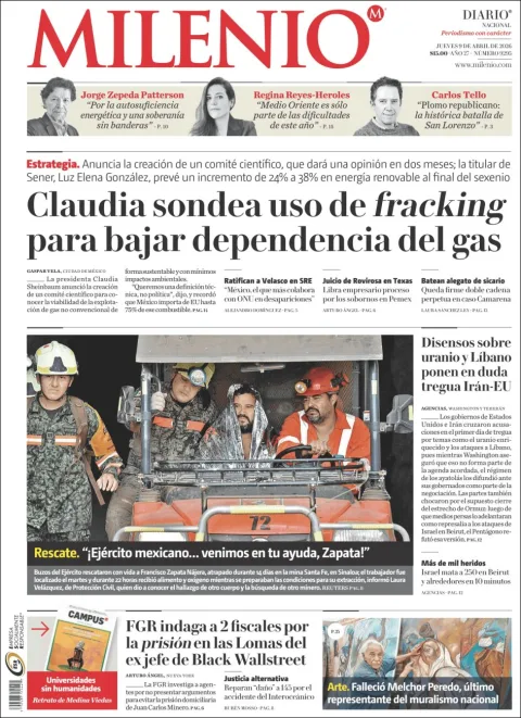 Portada de Milenio del jueves, 9 de abril de 2026