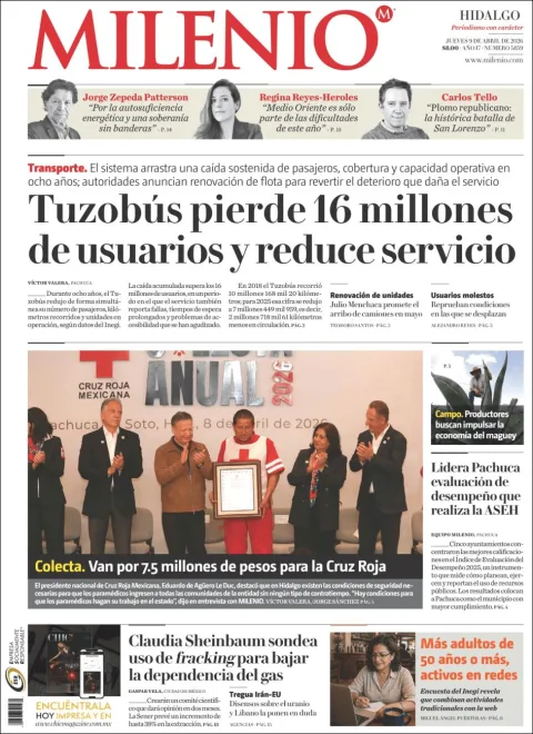 Portada de Milenio Hidalgo del jueves, 9 de abril de 2026