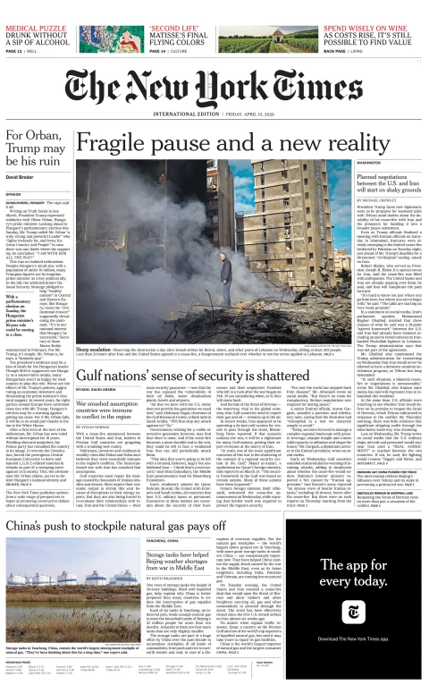 Portada de The New York Times (international) del viernes, 10 de abril de 2026