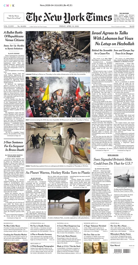 Portada de The New York Times (new York) del viernes, 10 de abril de 2026