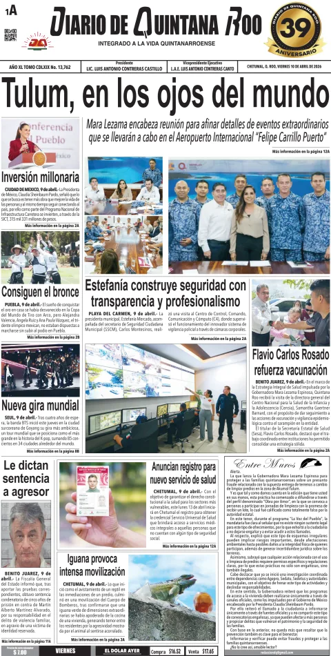 Portada de Diario de Quintana Roo (portada) del viernes, 10 de abril de 2026