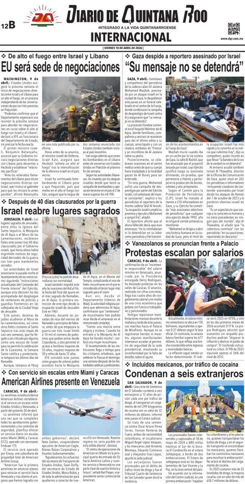 Portada de Diario de Quintana Roo (contra Portada) del viernes, 10 de abril de 2026