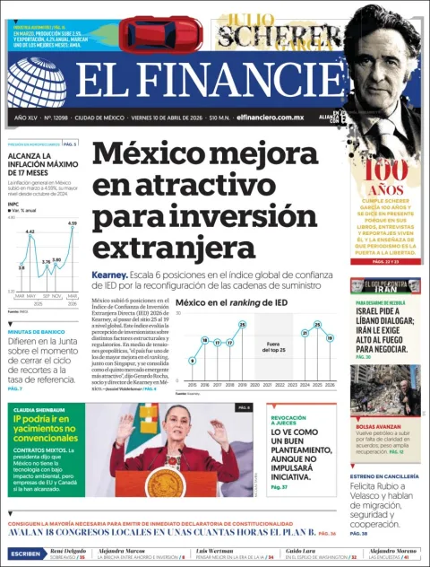 Portada de El Financiero del viernes, 10 de abril de 2026
