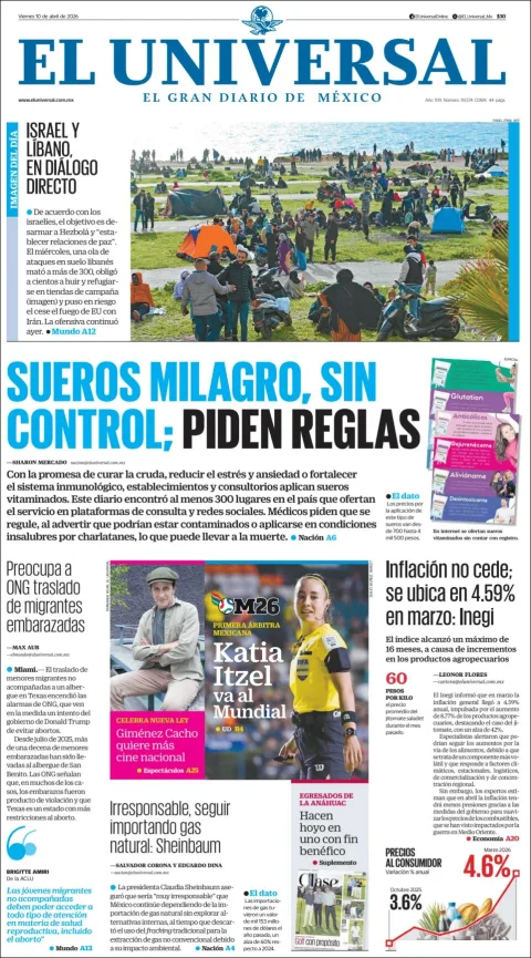 Portada de El Universal del viernes, 10 de abril de 2026