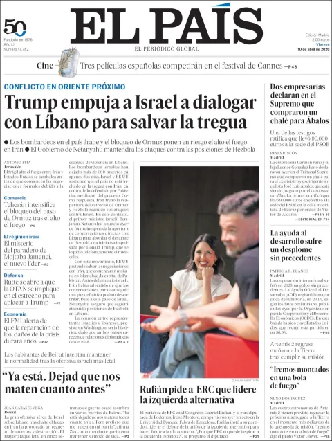 Portada de El Pais del viernes, 10 de abril de 2026