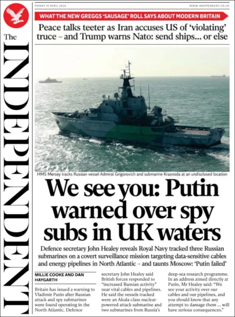 Portada de The Independent del viernes, 10 de abril de 2026