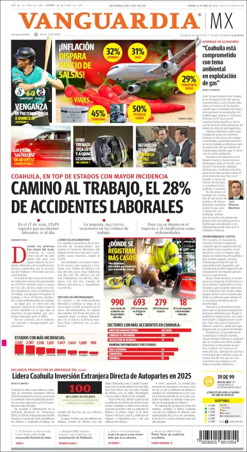 Portada de Vanguardia del viernes, 10 de abril de 2026