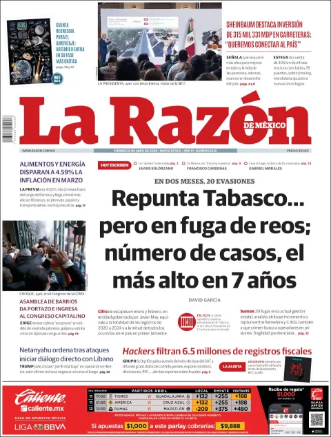 Portada de La Razon del viernes, 10 de abril de 2026