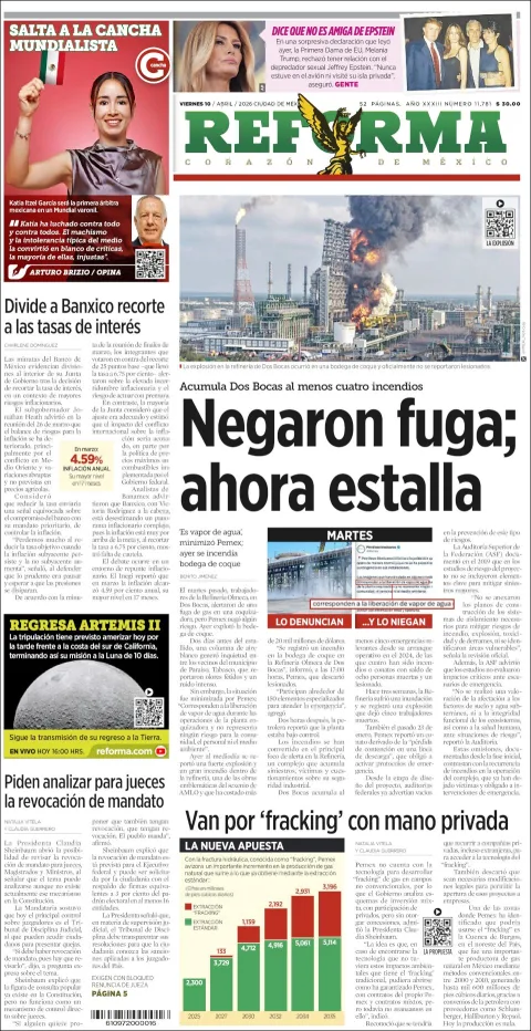 Portada de Reforma del viernes, 10 de abril de 2026