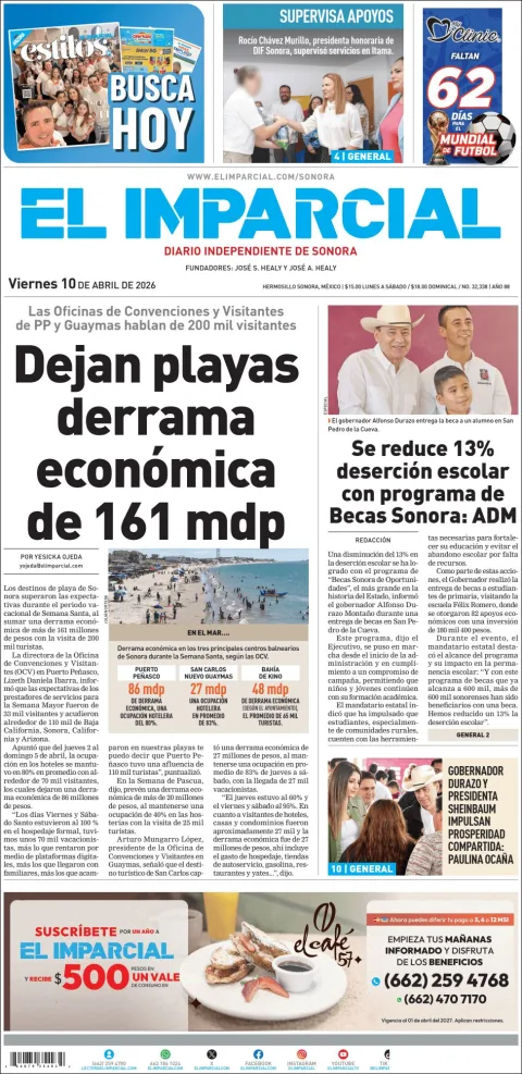Portada de El Imparcial del viernes, 10 de abril de 2026