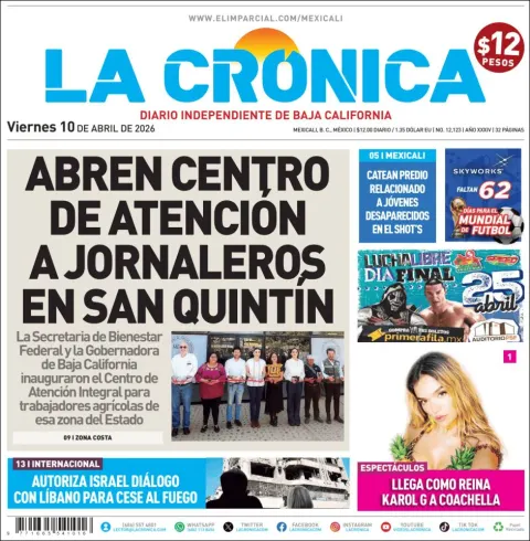 Portada de La Cronica del viernes, 10 de abril de 2026