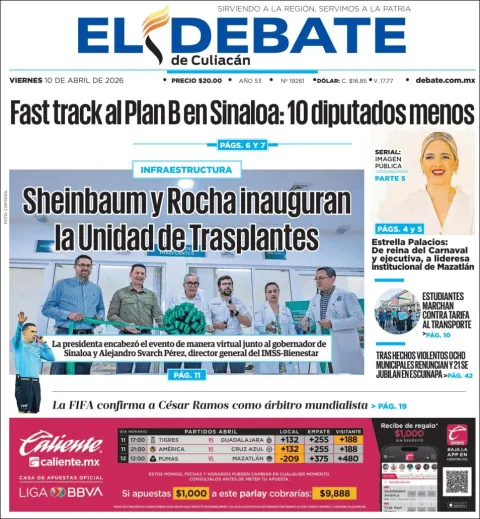 Portada de El Debate de Culiacan del viernes, 10 de abril de 2026