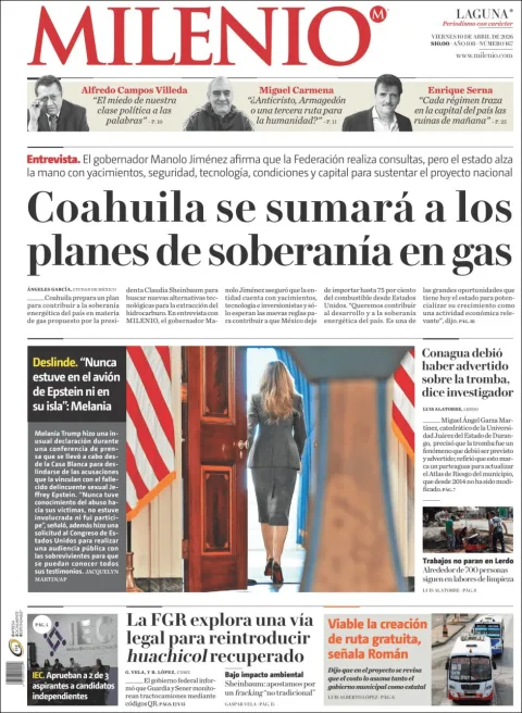 Portada de Milenio Laguna del viernes, 10 de abril de 2026