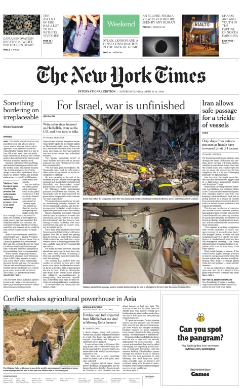 Portada de The New York Times (international) del sábado, 11 de abril de 2026