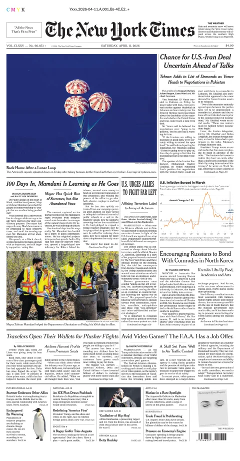 Portada de The New York Times (national) del sábado, 11 de abril de 2026