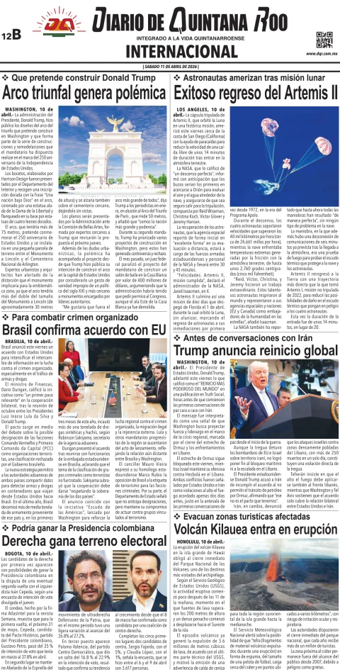Portada de Diario de Quintana Roo (contra Portada) del sábado, 11 de abril de 2026