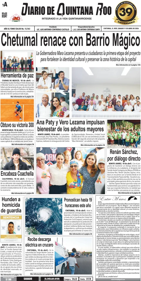 Portada de Diario de Quintana Roo (portada) del sábado, 11 de abril de 2026