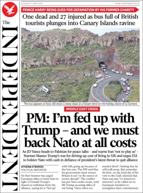 Portada de The Independent del sábado, 11 de abril de 2026