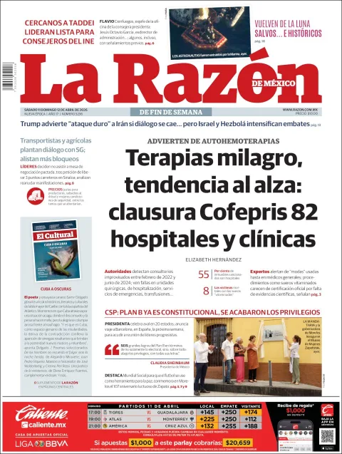 Portada de La Razon del sábado, 11 de abril de 2026