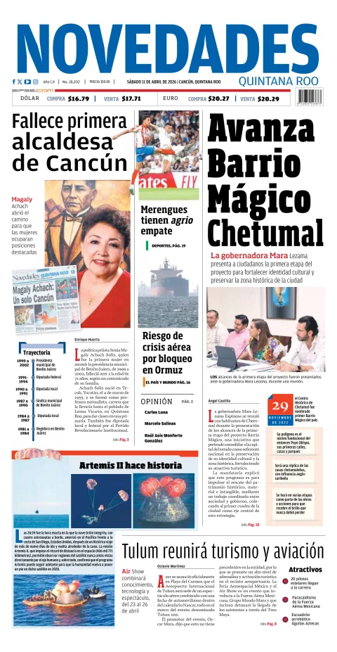 Portada de Novedades Quintana Roo del sábado, 11 de abril de 2026