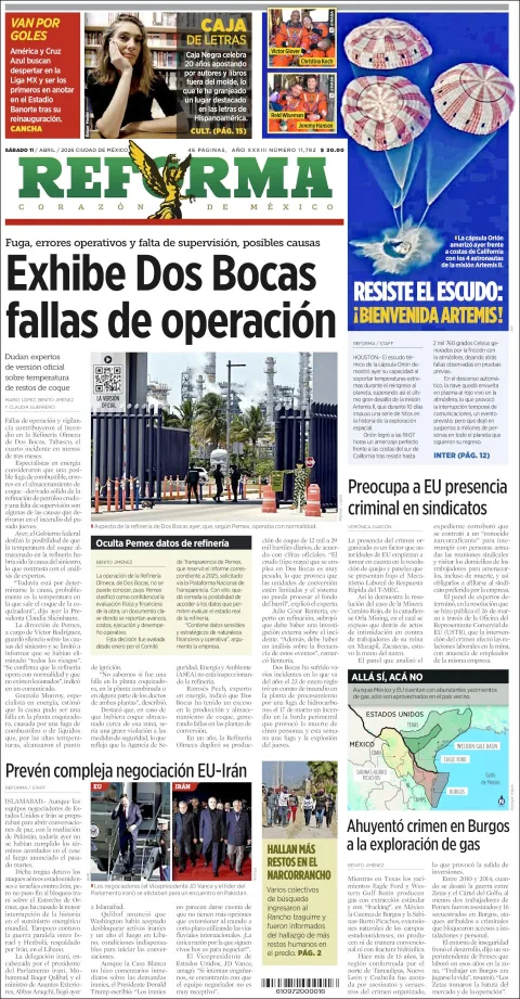 Portada de Reforma del sábado, 11 de abril de 2026