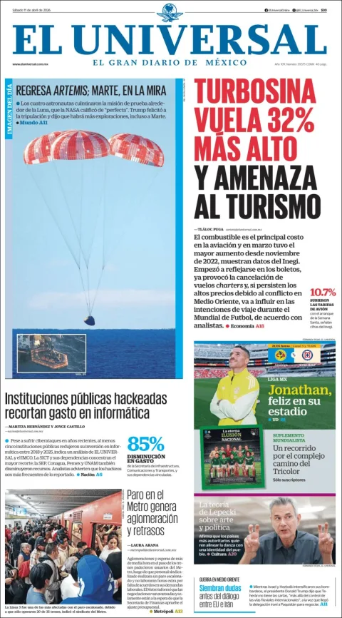 Portada de El Universal del sábado, 11 de abril de 2026