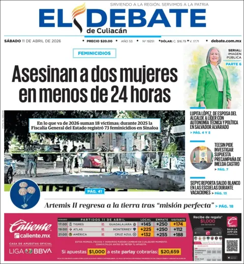 Portada de El Debate de Culiacan del sábado, 11 de abril de 2026