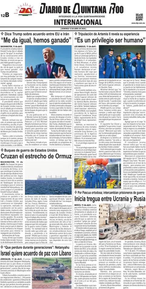 Portada de Diario de Quintana Roo (contra Portada) del domingo, 12 de abril de 2026