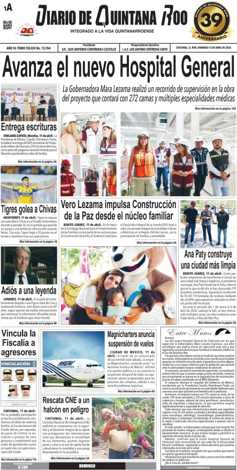 Portada de Diario de Quintana Roo (portada) del domingo, 12 de abril de 2026