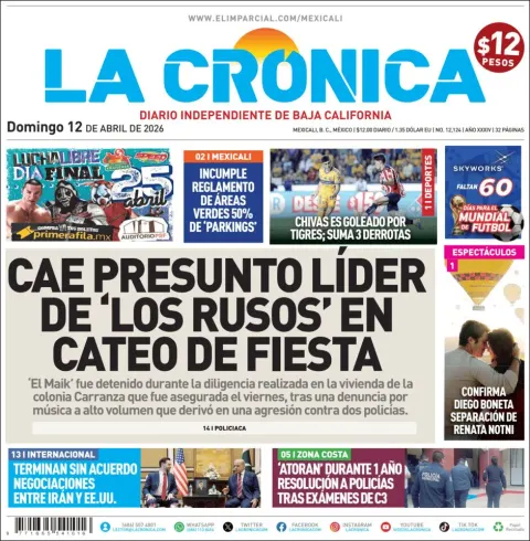Portada de La Cronica del domingo, 12 de abril de 2026