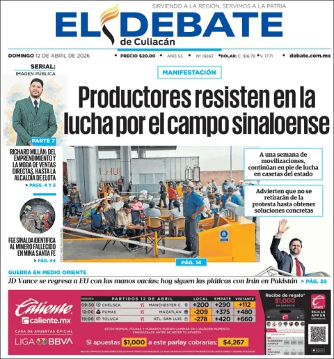 Portada de El Debate de Culiacan del domingo, 12 de abril de 2026