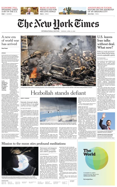 Portada de The New York Times (international) del lunes, 13 de abril de 2026