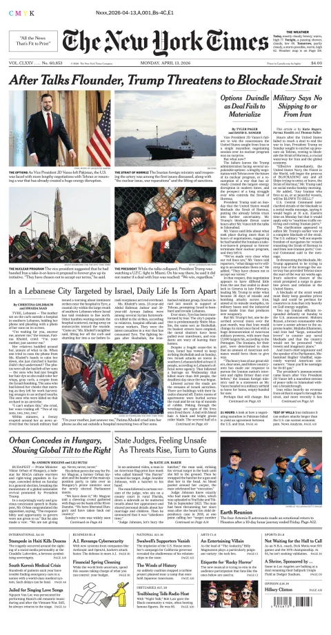 Portada de The New York Times (new York) del lunes, 13 de abril de 2026