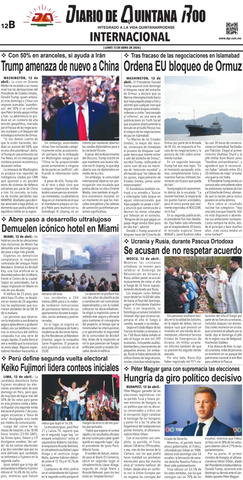 Portada de Diario de Quintana Roo (contra Portada) del lunes, 13 de abril de 2026