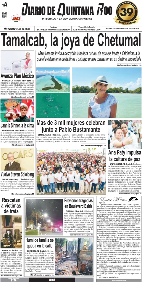 Portada de Diario de Quintana Roo (portada) del lunes, 13 de abril de 2026
