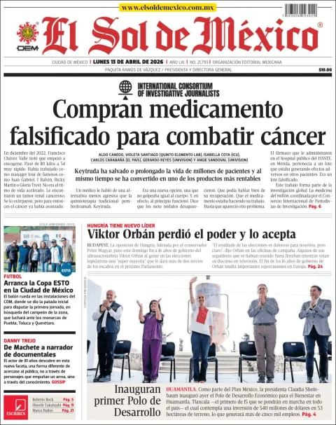 Portada de El Sol de Mexico del lunes, 13 de abril de 2026