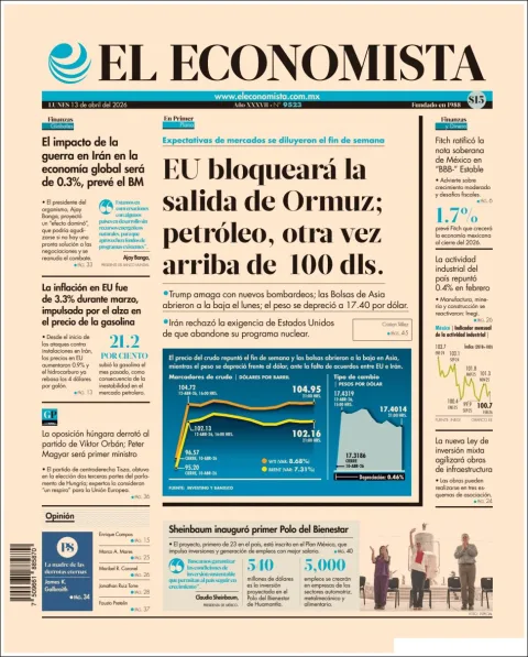 Portada de El Economista del lunes, 13 de abril de 2026